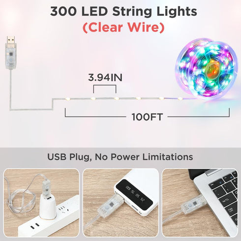 100ft 300 200+ Color Changing Christmas String Lights, LED Twinkle Fairy Lights String Waterproof, Scene Modes, Smart