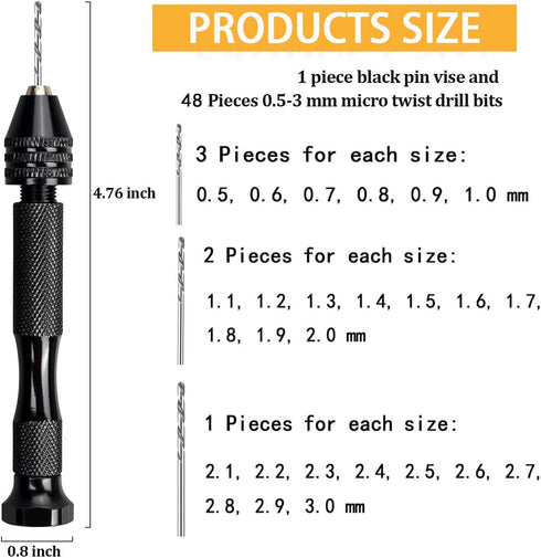 62 Pieces Pin Vises Hand Drill Bits Set Micro Twist Manual Rotary Hobby Drill Tools with Clamp for Jewelry Making, Craft Carving, DIY, Woodworking, Plastic, Shells, Resin or Model Making (0.3-3.0mm)