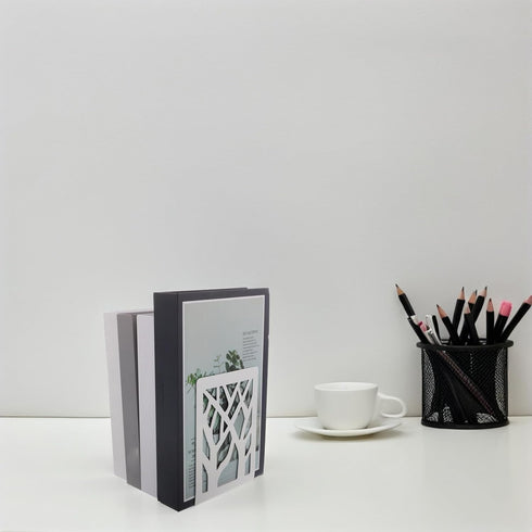 TOYZFRIENDY 2pcs White Tree Shadow Bookends for Desk Bookshelf, Metal Reading Stand with Decorative Holder, Book
