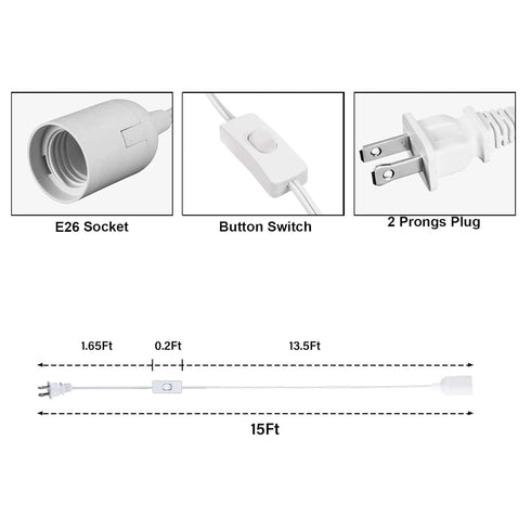 15ft E26 360W Bulb Simple Deluxe Extension Hanging Lantern Pendant Light Lamp Cord Cable Socket On/Off Switch, (No