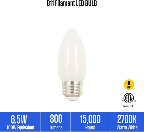 5318020 6.5 (100 B11 Dimmable Bulb, 6 Pack Westinghouse Watt Watt Equivalent) Frosted Filament LED Light Medium Base