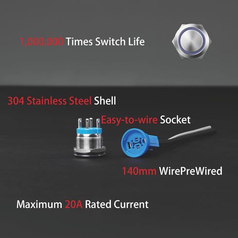 LED Latching Push Button Switch - Stainless Steel, IP67 Waterproof, 5-24V 20A with Wire Socket Plug (1, Red, 19mm)