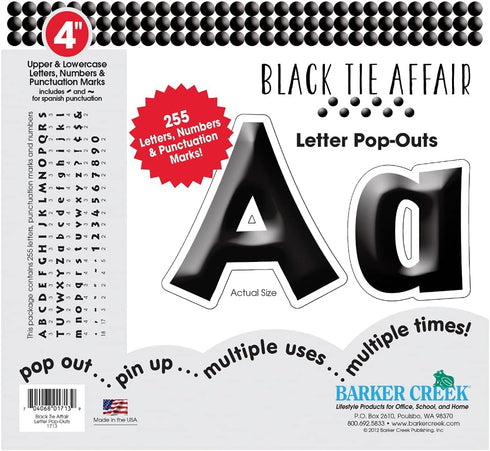 Barker Creek 4" Black Tie Affair Letter Pop-Outs, Classy Black Designer Letters for Bulletin Boards, Displays, and