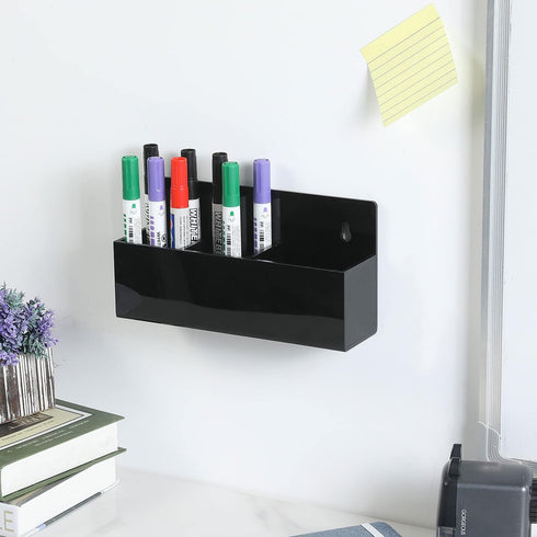 MyGift Black Acrylic Modern Dry Erase Marker Holder, Wall Mounted Office Supplies Storage Rack with 3 Compartments