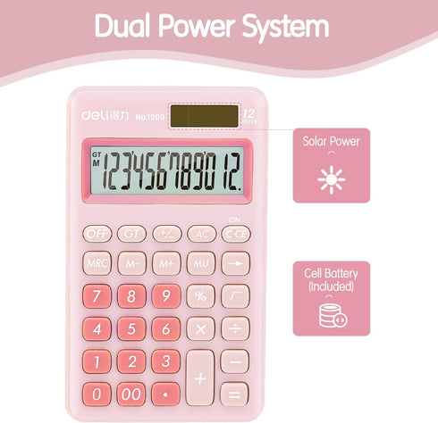 Deli Standard Function Basic Calculator, 12 Digit Desktop Calculator, Pink, Large LCD Display, Solar Battery Dual Power