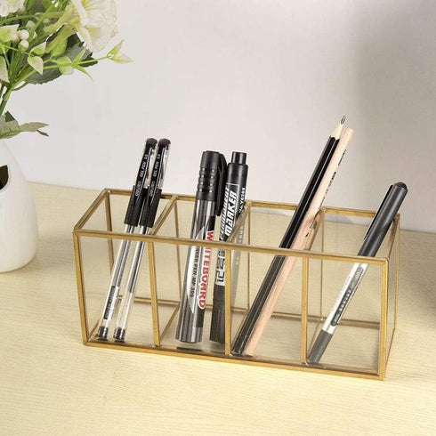 NIUBEE Acrylic Pen Holder, 4 Compartments, Gold Copper Border Pencil Organizer Cup for Desk Accessory Storage
