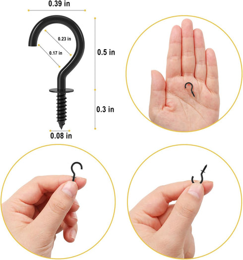 RELBRO 100 Pcs Black Mini Screw Hooks, 1/2 Inch Tiny Metal Screw in Jewelry Hooks for Crafts, Keys, Plants