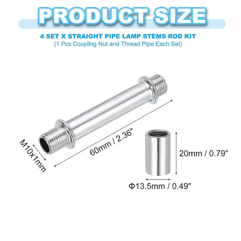 PATIKIL 4Set M10 60mm(2.36") Straight Pipe Lamp Stems Rod Kit, Carbon Steel Long Double End Thread Rod with Coupling