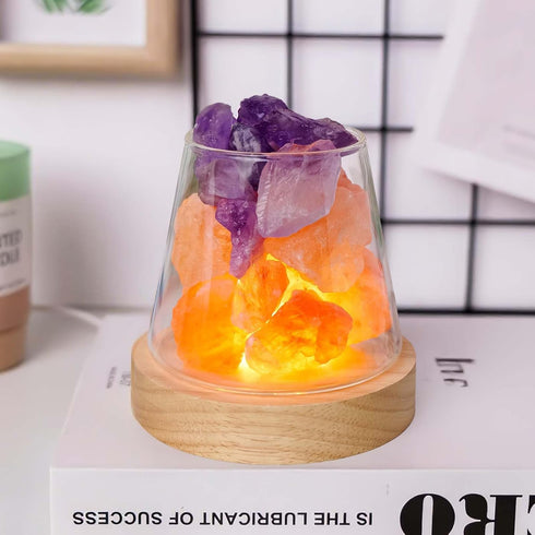 Runyangshi Healing Crystal Night Light Natural Himalayan Salt & Amethyst Raw Stones