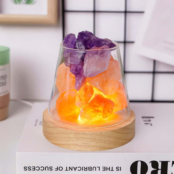 Runyangshi Healing Crystal Night Light Natural Himalayan Salt & Amethyst Raw Stones