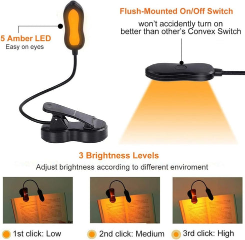 3 Amber Book Light, Rechargeable Blue Light Blocking Reading Light, Clip on Book Lamp, Brightness Eye Care Sleep Aid