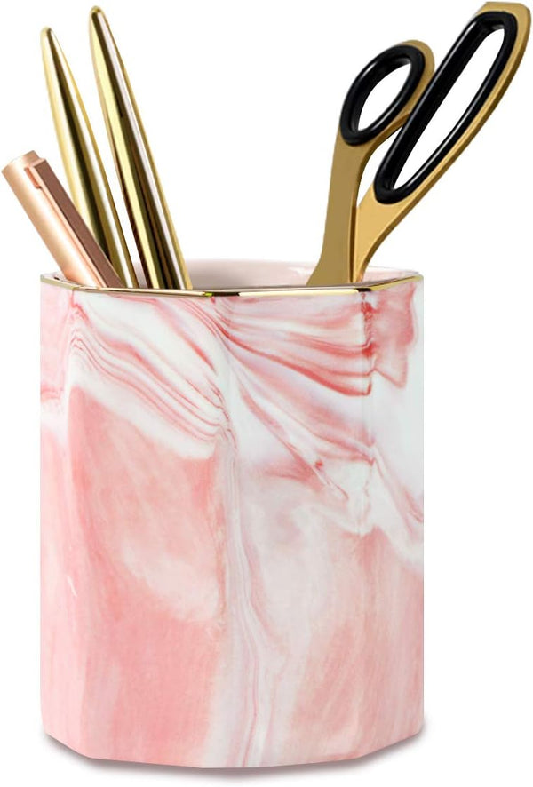 WAVEYU Pink Pen Holder for Girls, Marble Ceramic Pencil Cup, Desk Organizer Decor for Graduates, Makeup Brush Holder