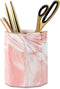 WAVEYU Pink Pen Holder for Girls, Marble Ceramic Pencil Cup, Desk Organizer Decor for Graduates, Makeup Brush Holder