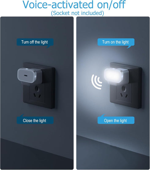 2-Pack 130LM, 3000K LED Nightlights Plug in Wall Voice AI Activated with USB Charging Port, White Night Lights for Kids