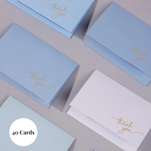 Pack 40, 5x3.5 Inch Gold Foil Thank You Cards - Bulk of with Matching Stickers & Envelopes (Blue) Textured Surface