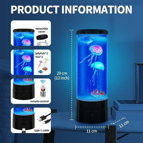 FineLiMoLa 12"-Black 2 2 Fish,16 Jellyfish Lamp Minimalist Cylinder Table Lamp with Large Jellyfish & Color Changing