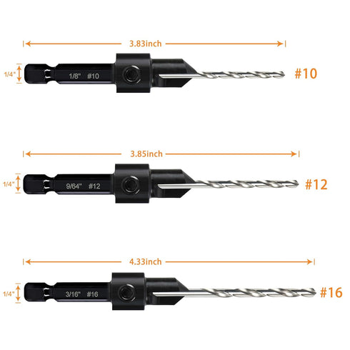 3 Pack Countersink Drill Bit Set #10#12#16, 3in1 Woodworking Counterbore Hole Saw Drill Bits, Depth Adjustable M2 Pilot Drill Bits, 82-Degree Chamfer, 1/4"Hex Shank, with 1 Allen Wrench