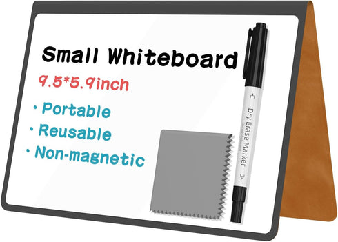 Portable Reusable Dry Erase Board, Double-Sided White Board with PU Cover 9.5"x6.6", Marker and Wipe Cloth