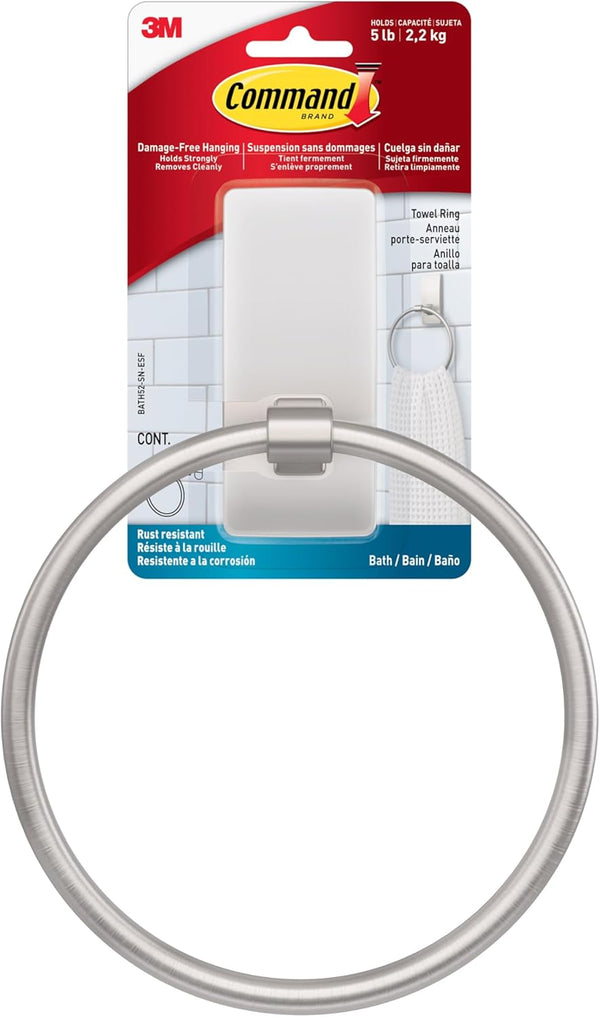 Command Hand Towel Holder Satin Nickel with Water Resistant Command Strips, Rust