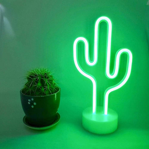 Green Cactus Neon Light Signs LED Cactus Neon Night Lights with Pedestal Room Decor Battery/USB Operation Lamps Neon
