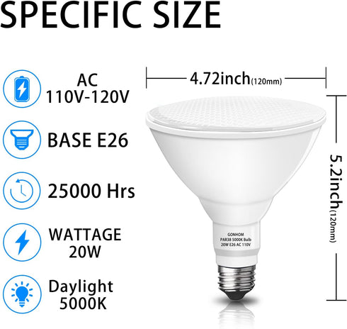 Par38 LED Flood Lights Outdoor Bulb 2 Pack, Dimmable 5000K Daylight 1800LM, 20W Replace up to 200W, Outdoor Flood Light