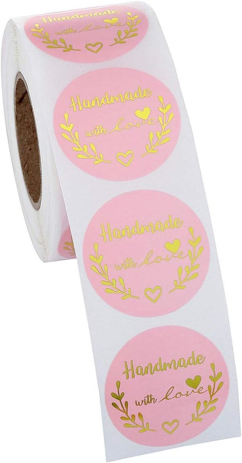 Yoption 1.5 Inch Round Handmade with Love Stickers - Pink for Packaging, 500 Labels per Roll