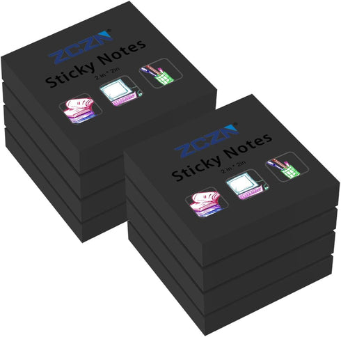 ZCZN Small Sticky Notes, 2in x 2in, 100 Sheets/Pad, 8 Pads/Pack, Black Color