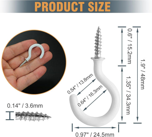 50Pcs White Cup Hooks, 1-1/4 Inch Heavy Duty Screw-in Metal Mug Hooks, Vinyl Coated Screw Hooks