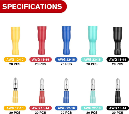 Nilight 200PCS Bullet Terminals Wire Connectors - AWG 22-10 Female & Male Insulated Waterproof Electrical Kit