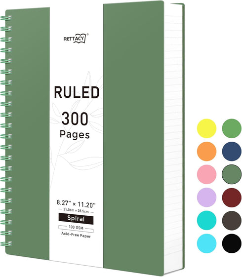 RETTACY A4 Spiral Notebook, 300 Pages, College Ruled, 100 GSM Premium Paper, Dark Green for School and Work