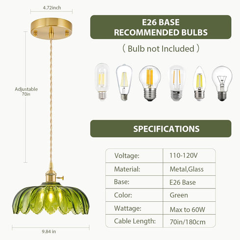Glass Pendant Lights Kitchen Island, Vintage Brass Pendant Light Fixtures, Adjustable Green Kitchen Pendant Lighting