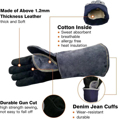 14 Inches Leather Forge Welding Gloves, Heat/Fire Resistant Mitts for BBQ, Oven, Grill, Fireplace, Black-gray