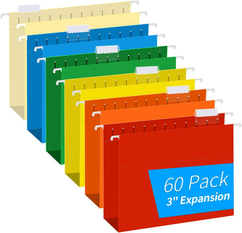 RAZCC Extra Capacity Hanging File Folders, 60 Pack Letter Size Reinforced with 3 Inch Expansion for Bulky Files