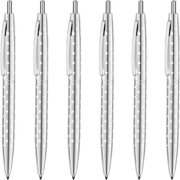 Unibene 6 Pack Cute Dot & Silver Click Ballpoint Pens - 1.0mm Medium Point Black Ink with 6 Stainless Steel Refills for