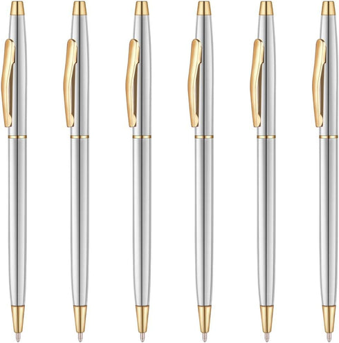 Unibene 6 Pcs Steel & Gold Stainless Steel Ballpoint Pens, Black Ink Medium Point, Slim Metallic Retractable Twist Pens