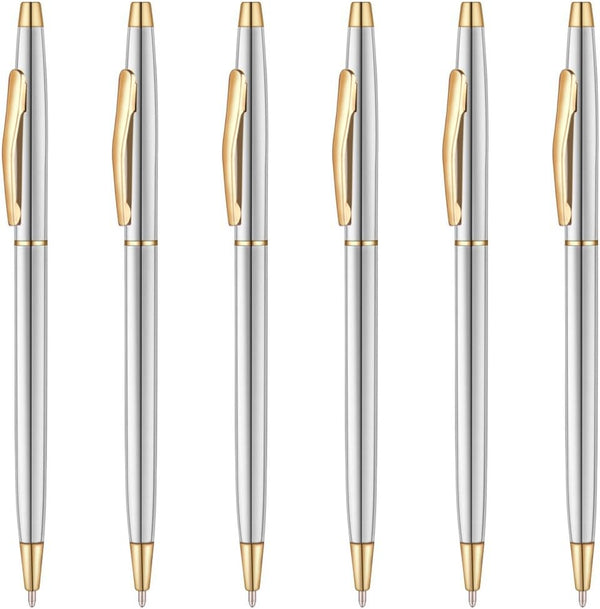 Unibene 6 Pcs Steel & Gold Stainless Steel Ballpoint Pens, Black Ink Medium Point, Slim Metallic Retractable Twist Pens