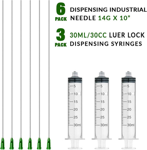 Rachel's Closeouts 6 Pcs Dispensing Needle 14G x 10" with 3 Pcs 30ml Syringe - Blunt Tip