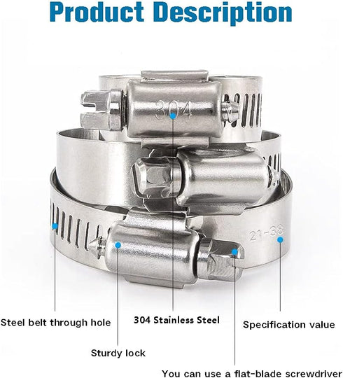 Hose Clamp, 25 Pack Stainless Steel Worm Gear Fuel Line Hose Clamps, 10-16mm (3/8-5/8 inch)