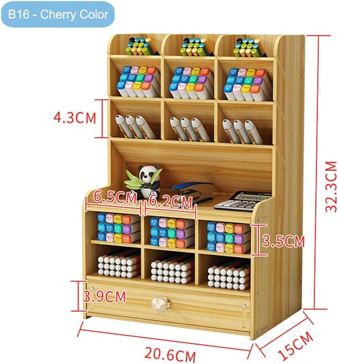 Wooden Desk Organizer with Drawer, Large Capacity DIY Pen Holder Storage Box, Caddies for Office, Home and School