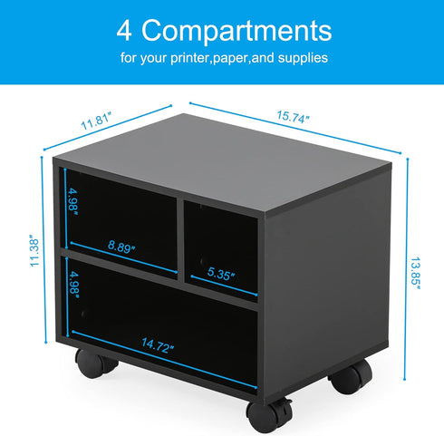 FITUEYES Mobile Printer Stand with Storage, Small Rolling Work Cart with Wheels, Black Wood, 15.7 x 11.8 x 13.8 for