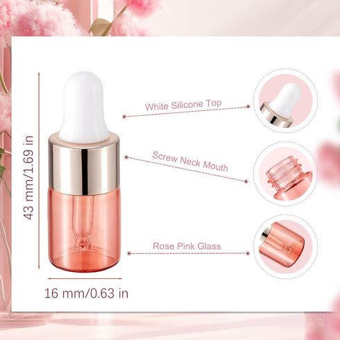 100Pcs 2ml 5 Pink Sample Dropper Bottles Glass Mini Dropper Bottles with White Silicone Tops and Plastic Droppers