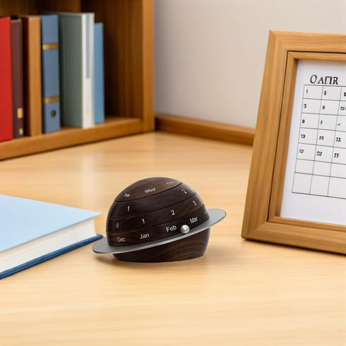 Wooden Rotating Perpetual Desk Calendar with Vintage Earth and Planet Design, Minimalist Office and Home Desktop