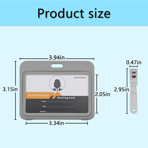 ID Badge Holder with Plastic Clip, Double-Sided Transparent Windows Horizontal Hard Grey Plastic Case for Office School