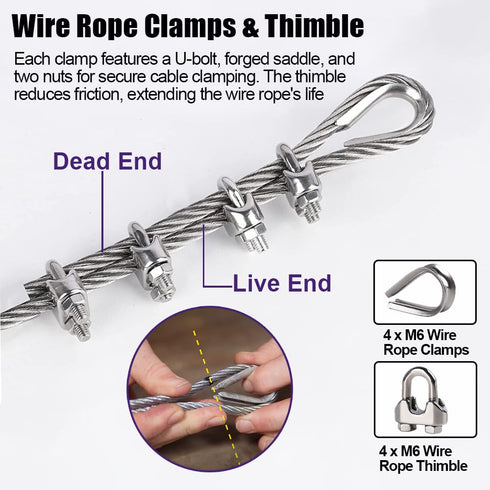 1/4 25ft 6400lbs 7X19 Stainless Steel Cable, Wire Rope with Wire Rope Clamps and Thimble, Breaking Strength, Strands
