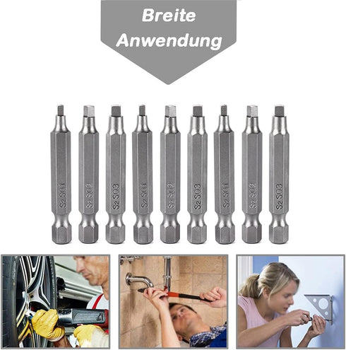 Mesee 9Pcs Square Head Screwdriver Bits, 1/4 Inch Hex Shank, S2 Steel Magnetic Set, 50mm Length