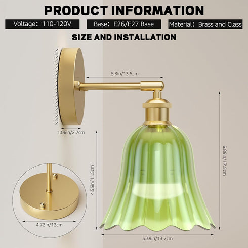 merloly 10000mAh Large Battery Operated Wall Sconce with Green Tulip Glass Lampshade Wireless Sconces Rechargeable