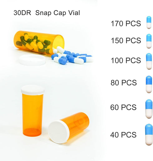 Pill Bottles with Snap Caps, Not Child Resistant Cap, Prescription Vials - Easy Open - Empty Medicine Plastic Containers for Personal Medication & Pharmacy ( 30 dram, 12pcs )