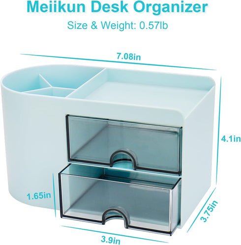 Desk Organizer with Drawer, Pen Organizer for Desk, Small Pencil Holder with 2 Drawers + 4 Compartments (Blue)
