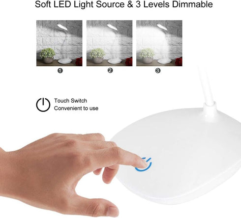 USB Charging Table Lamp with Flexible Neck, 3 Levels Dimmable LED Desk Light with Touch Switch for Night Reading