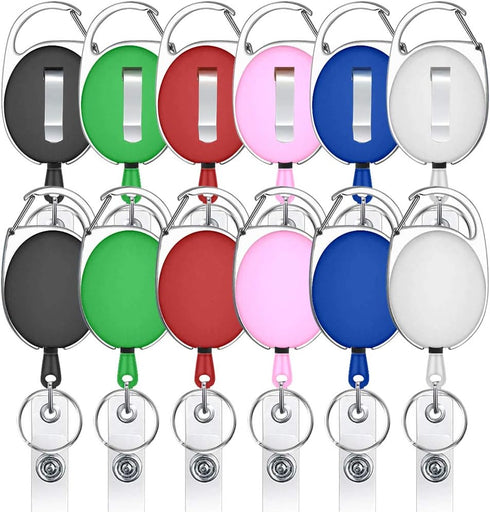 Viaky 12 Pack Retractable Badge Holders with Carabiner Reel Clips, Belt Clip, Key Ring for ID Cards, 6 Colors